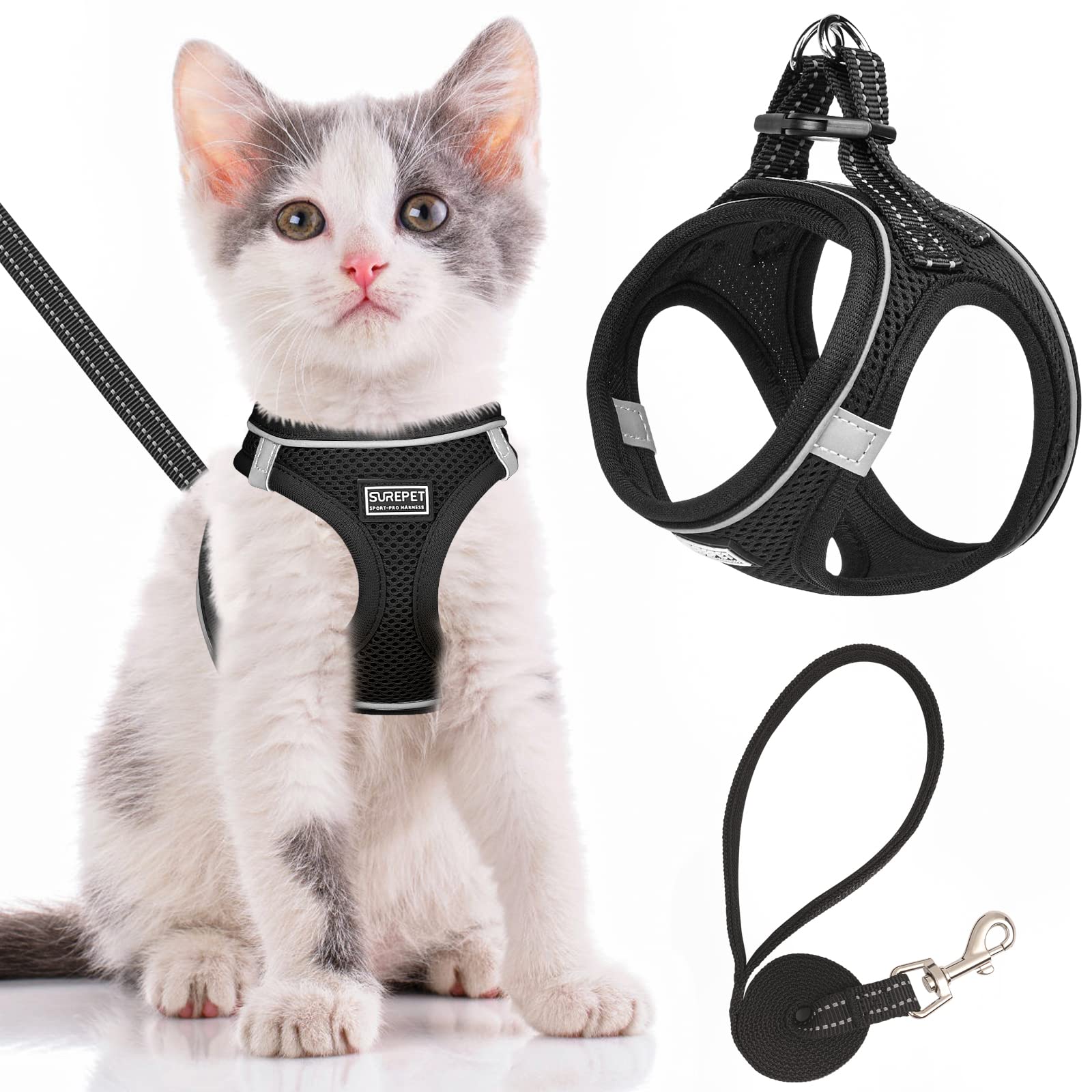 Cat Harness and Lead Escape Proof,Adjustable Soft Mesh Kitten Vest Harness for Walking Reflective Pet Vest for Cat