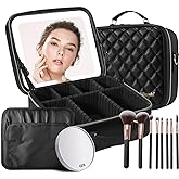Mocado Travel Makeup Bag with LED Lighted Mirror,Travel Makeup Organizer, Makeup Case with 8 Makeup Brushes and 10x Magnifying Mirror, 3 Color Lighting, Adjustable Divider Makeup Box(Black Lozenge)
