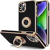 Hython for iPhone 14 Plus Case with Ring Stand [360° Rotatable Ring Holder Magnetic Kickstand] [Support Car Mount] Plated Gold Edge Soft TPU Luxury Shockproof Protective Phone Case Cover, Black
