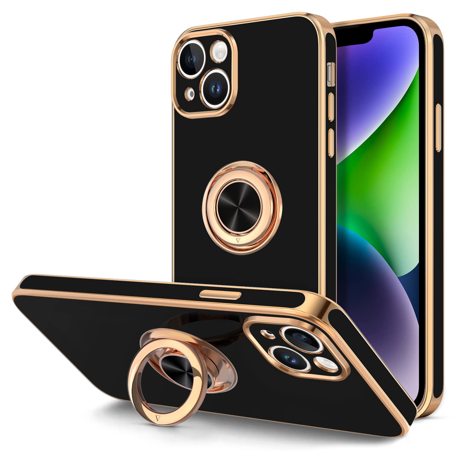 Hython for iPhone 14 Plus Case with Ring Stand [360° Rotatable Ring Holder Magnetic Kickstand] [Support Car Mount] Plated Gold Edge Soft TPU Luxury Shockproof Protective Phone Case Cover, Black