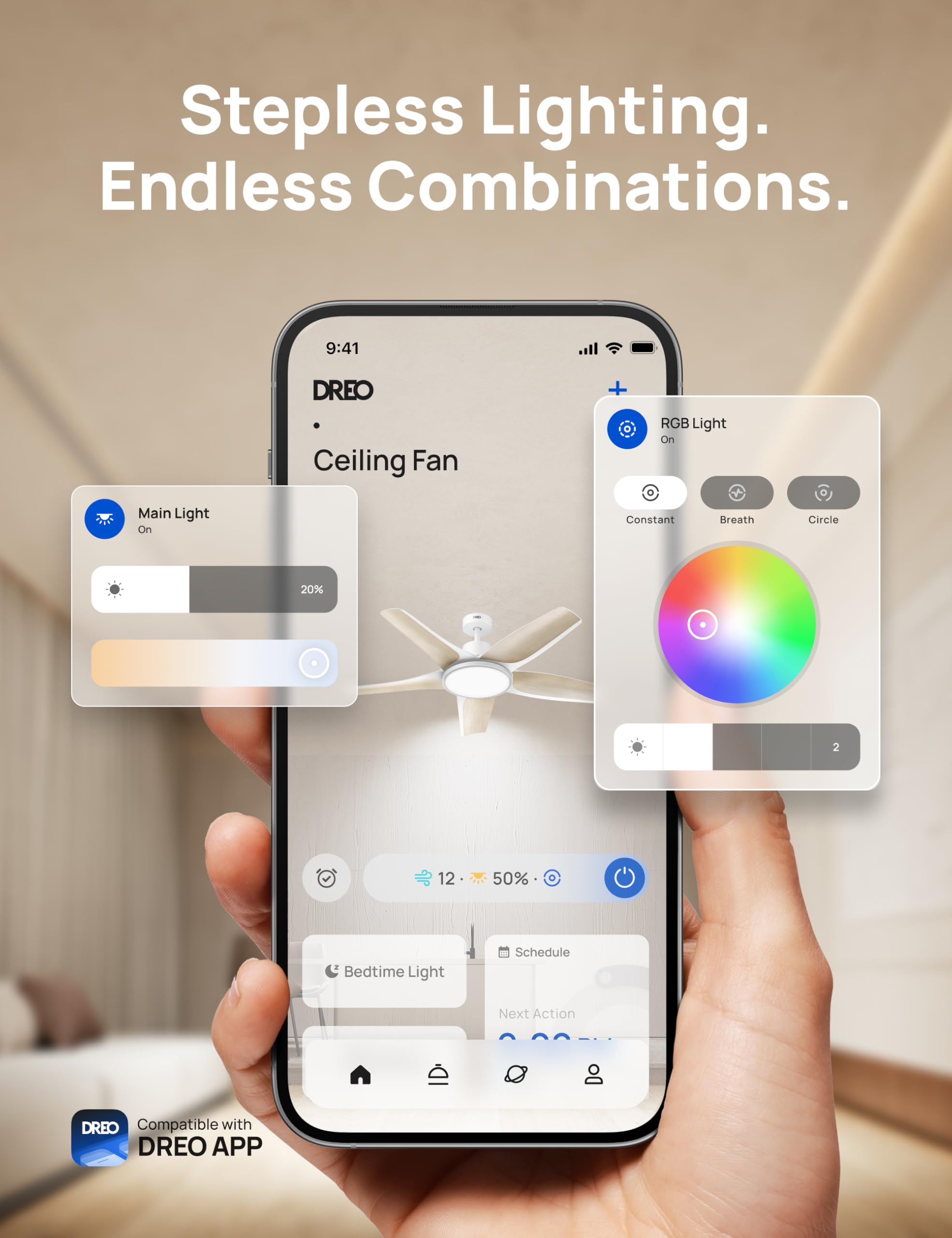 Dreo Smart Ceiling Fans with Lights, Low profile Ceiling Fan with Alexa/App, 52'' Dimmable Lighting & Color Tuning, RGB Ambient Light for Living Room, Game Room, Easy Installation, Quiet, White