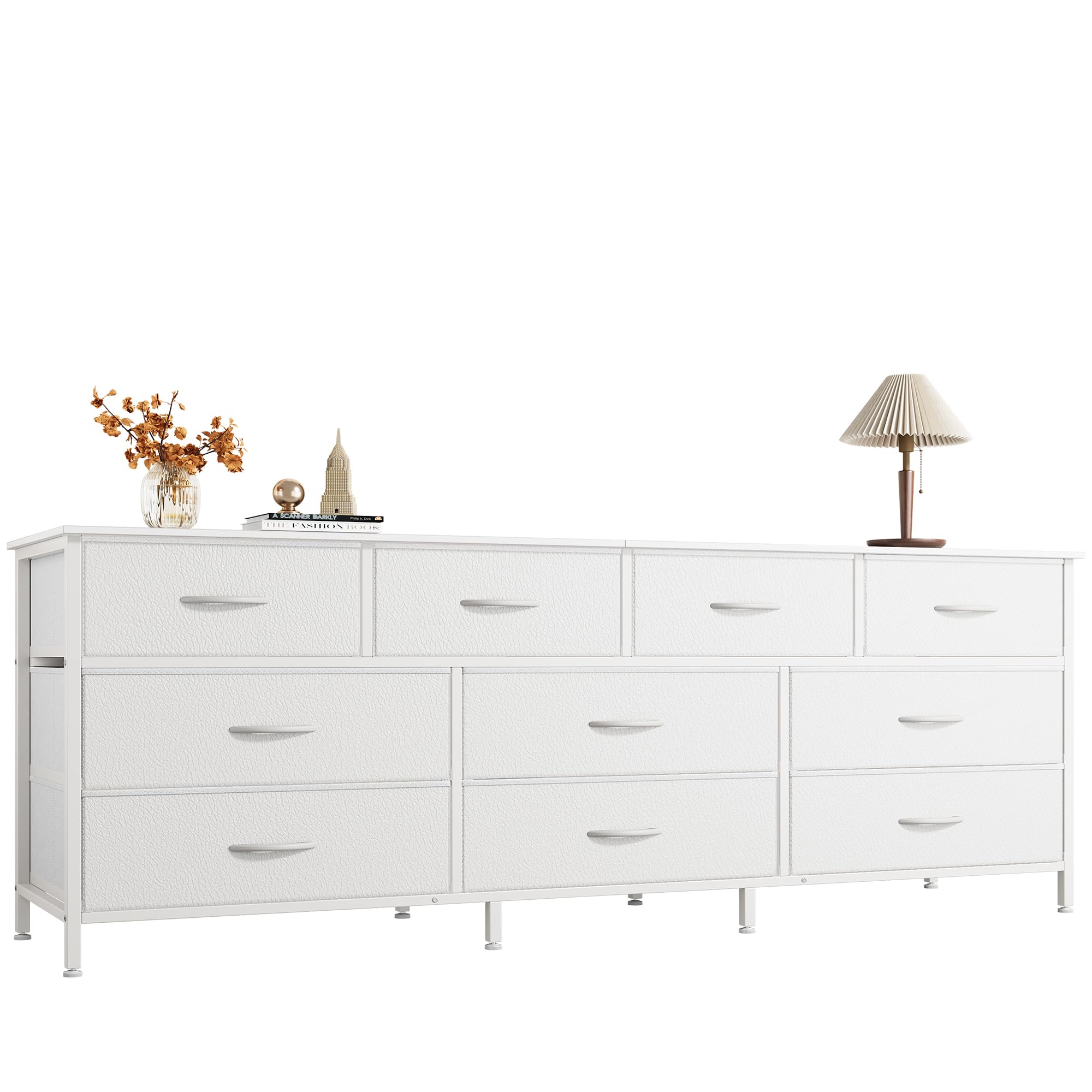 Photo 1 of Huuger 63 Inch Dresser for Bedroom, Long Dresser with 10 Fabric Drawers, TV Stand for 55, 65, 70 Inch TV, Toy Storage Organizer for Closet, White