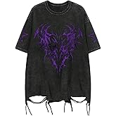 Verdusa Men Ripped Graphic Tees Short Sleeve Drop Shoulder Grunge Punk Oversized Tshirts Emo Scene Clothes Streetwear