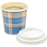 ECODESIGN-US Disposable Espresso Cups with Lids - 4 Oz - 50 Sets - Blue Tartan Print - Small To Go Paper Cups with Tops for Home Office or Party