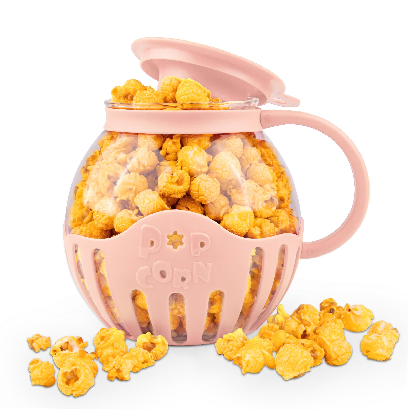 MMUGOOLER Glass Microwave Popcorn Popper, 2.25QT Original Popcorn Jar with Silicone Lid, Without BPA, Dishwasher Safe- Pink