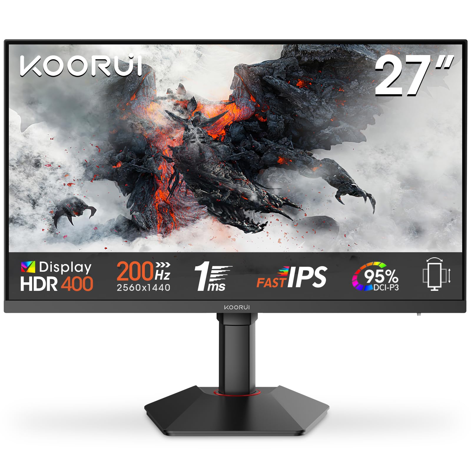 KOORUI G2722P 27 Zoll Gaming Monitor, 200Hz PC Bildschirm, QHD 2560x1440 Fast IPS, 1ms, HDR400, Adaptive Sync HDMI 2.0 & DP 1.4, VESA 75x75mm, Höhenverstellbar & Drehbar