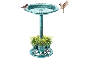 Demeyad Bird Bath for Outside with 4 Removable Flower Planters 28in Polyresin Lightweight Vintage Birdbath Stake Standing Bowl and Water Feeder Yard Gardan Decor Green