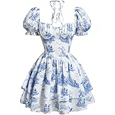 Floerns Women's Cute Floral Layered Ruffle Halter Dress Puff Sleeve Flared Short Dresses