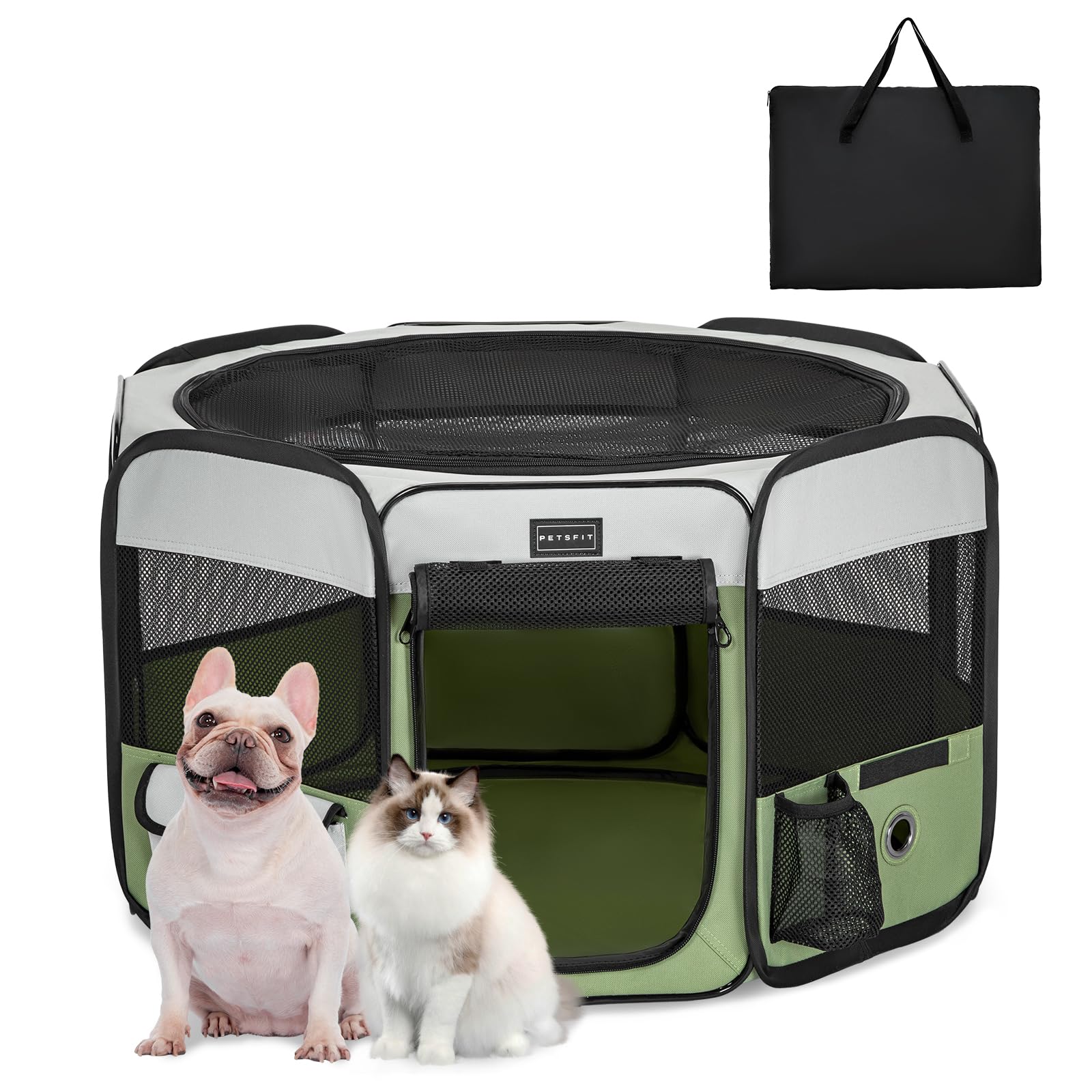 PETSFIT Cat Playpen, Anti-Leakage Bottom, Foldable, Collapsible Puppy Pen, Chewproof Design, Dog Pen Indoor, 75 × 68 × 43 cm, Green