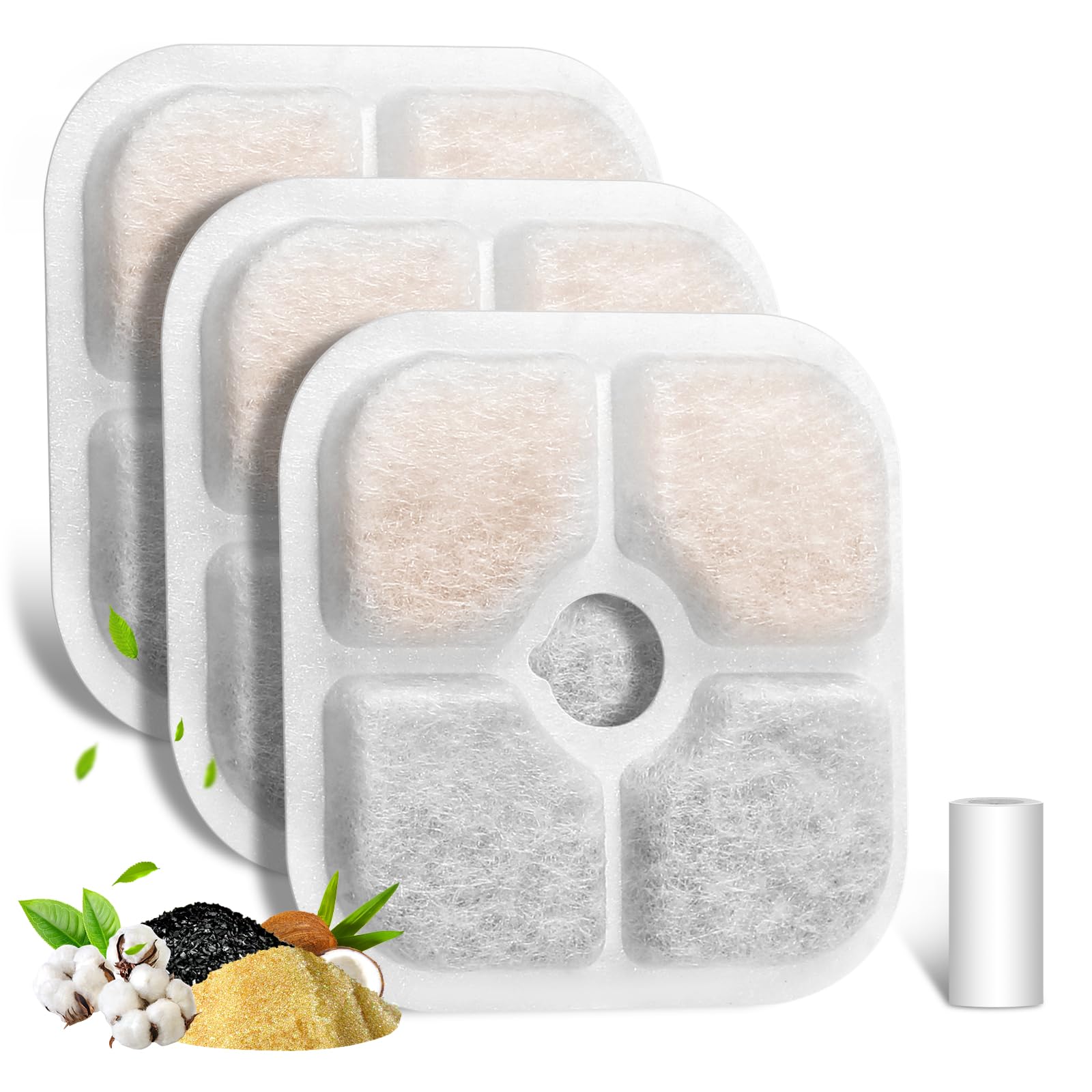 Cat Water Fountain Filter, 3-Pack Pet Fountain Filter Replacement Compatible with 2L/2.5L Cat Drinking Fountain, Replacement Triple Action Water Filter Activated Carbon Filter, 1 Hose