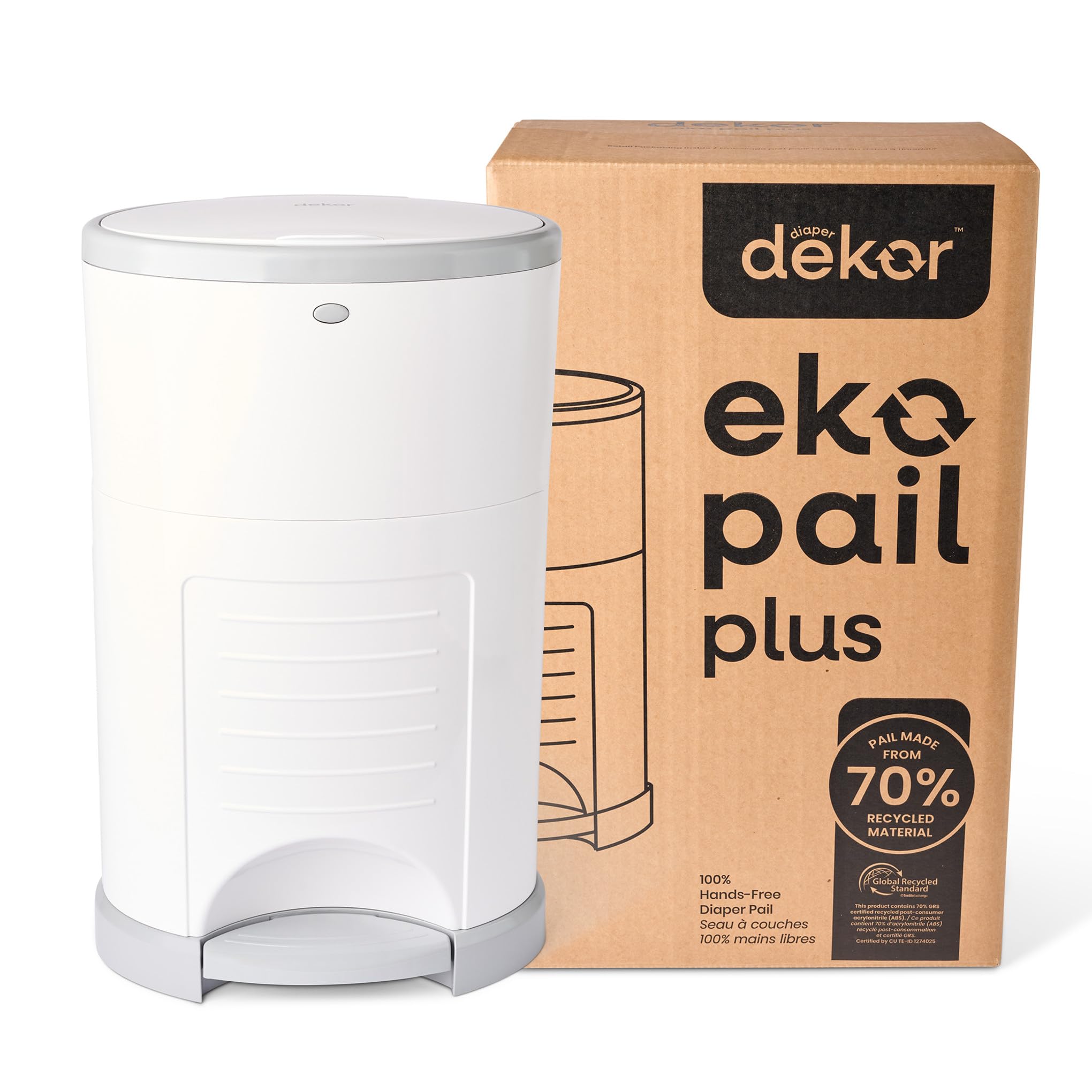 Photo 1 of Diaper Dekor EKO Plus Diaper Pail, White | ONLY Eco-Friendly Diaper Pail Made with 70% Recycled Materials | Hands-Free: Step–Drop–Done | Cost-Effective Refill System |Great Cloth Diaper Pail