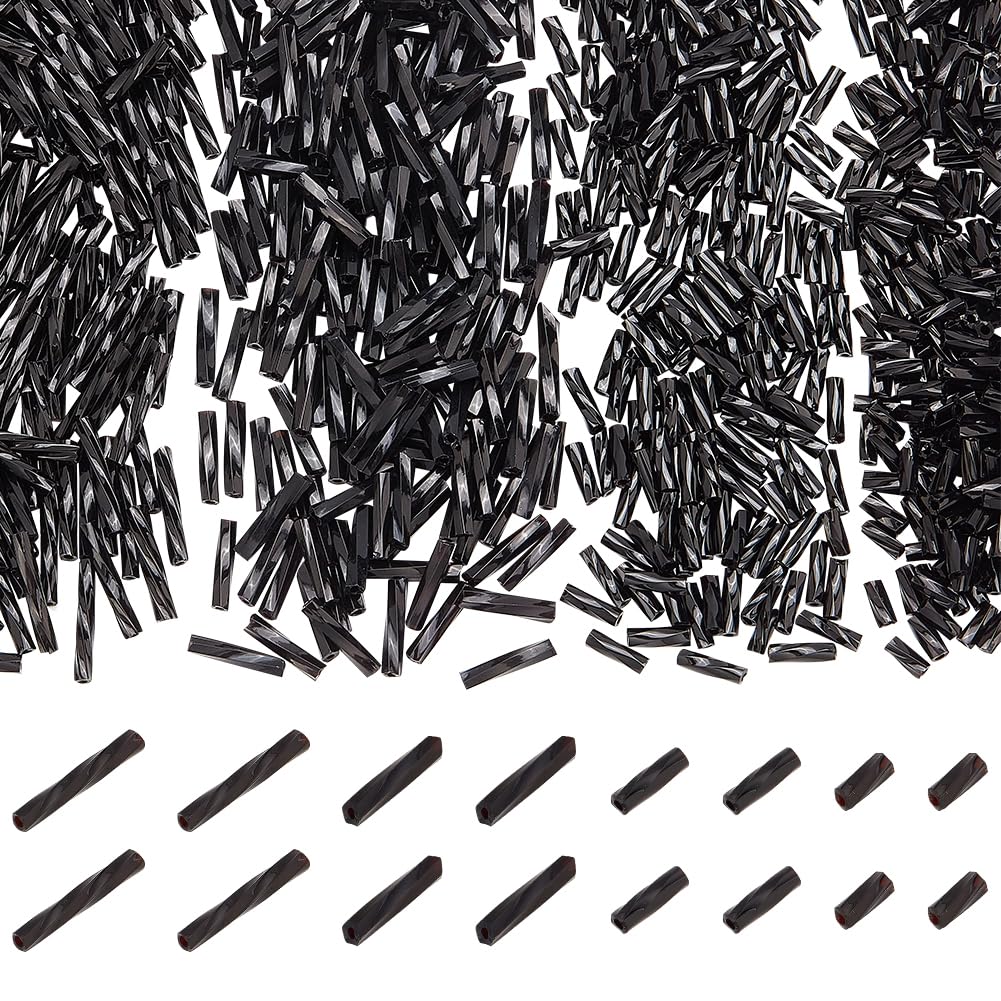 PH PandaHall 1600pcs Black Twisted Bugle Beads, 5/6/9/12mm Glass Tube Beads Seed Beads Metallic Craft Loose Spacer Bead for DIY Earring Bracelet Jewellery Crafts Making Beading Sewing Clothing