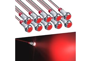 FICOLPO 10 Pcs LED Metal Waterproof Indicator Light, 12-24V 1/4'' Mounting Hole Pre-Wired Pilot Signal Light for Car, Trucks, Boats, Marine, Dash, Industrial Electricity (Red, 6mm)