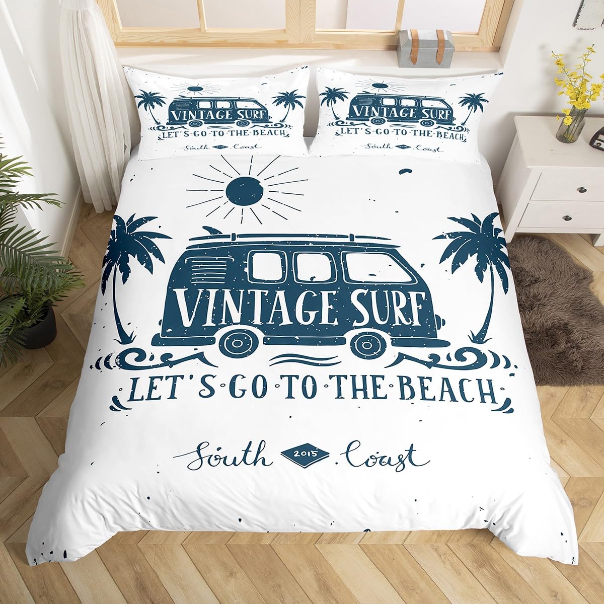 Manfei Summer Surf Duvet Cover Set Single Size, Tropical Palm Trees Bedding Set 2pcs for Kids Boys Girls Room Decor, Surfing Trailer Truck Comforter Cover Soft Polyester Quilt Cover with 1 Pillowcase