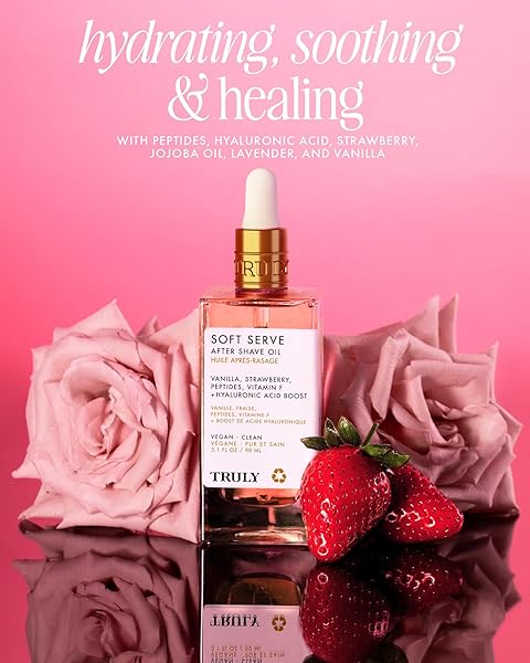 TRULY BEAUTY SOFT SERVE AFTER SHAVE OIL | HYDRATING TREATMENT FOR INGROWNS & IRRITATION | PEPTIDES, HYALURONIC ACID & STRAWBERRY EXTRACT | SOOTHES & SMOOTHS SKIN | STRAWBERRY VANILLA SCENT (3.1 FL OZ)