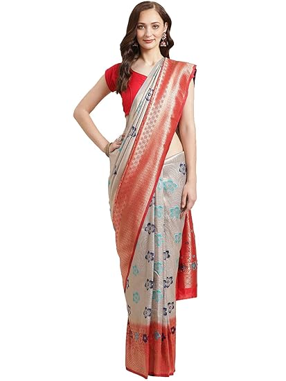 Shaily Womens Silk Blend Woven Zari Saree[Grey & Red]