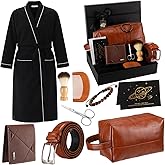 Shyyween 10 Pcs Birthday Gifts Baskets for Men Get Well Soon Gifts Beard Care Set for Him with Bathrobe, Wallet, Makeup Bag, Belt, Bracelet, Beard Comb & Brush Set for Dad Boyfriend Husband (Brown)