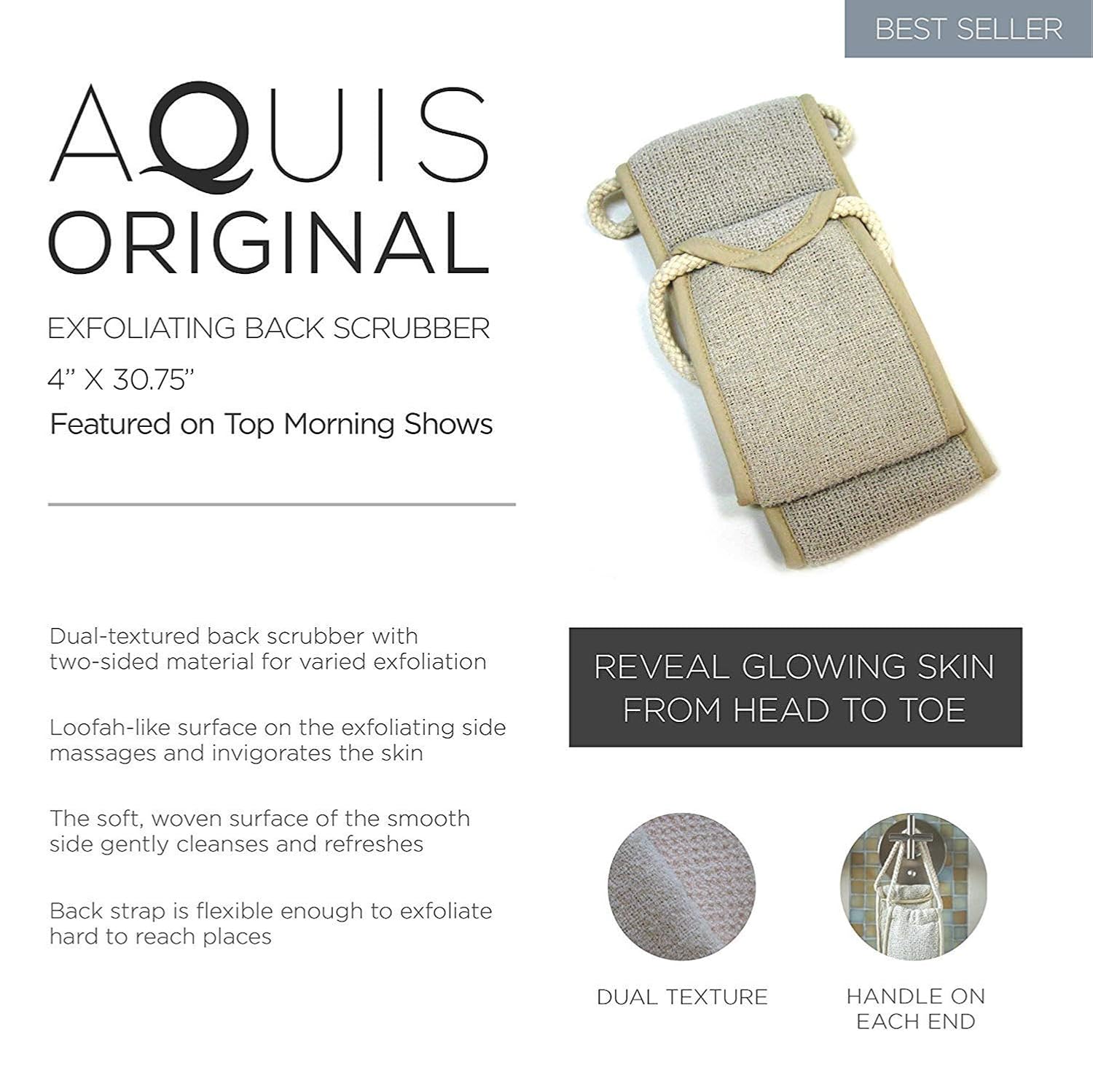 Aquis - Exfoliating Back Scrubber, Deep Clean & Invigorate Your Skin (4 x 30.75 Inches) : Bath Mitts And Cloths : Beauty