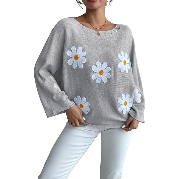 Women Flower Embroidered Knit Pullover Sweater Long Sleeve