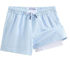 maamgic Boys Swim Trunks with Compression Liner Seersucker Bathing Suit | Recycled Material, Boxer Brief Liner, Anti-Chafe, 4