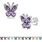 Bestyle Sterling Silver Butterfly Earrings for Women, Dainty Cute Birthstone Studs Hypoallergenic Jewelry, Great Birthday Gift