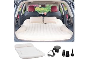 KMZ SUV Air Mattress Thickened and Double-Sided Flocking Travel Camping Bed with 2 Pillows & Electric Pump Dedicated Mobile Cushion Inflatable Bed for SUV Trunk and Rear Seat (Beige and Coffee)