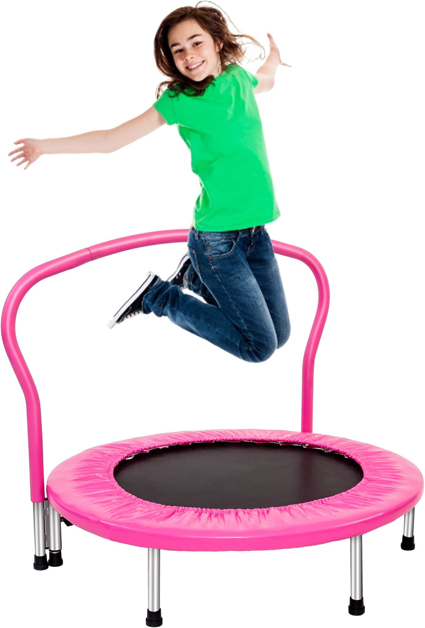 Binrrio 36" Kids Mini Trampoline with Handle, Foldable Mini Fitness Rebounder for Kids Junior Adult with Safety Pad, Mini Trampoline for Kids Age 6+ Recreational Sports Toys Indoor/Garden,Pink