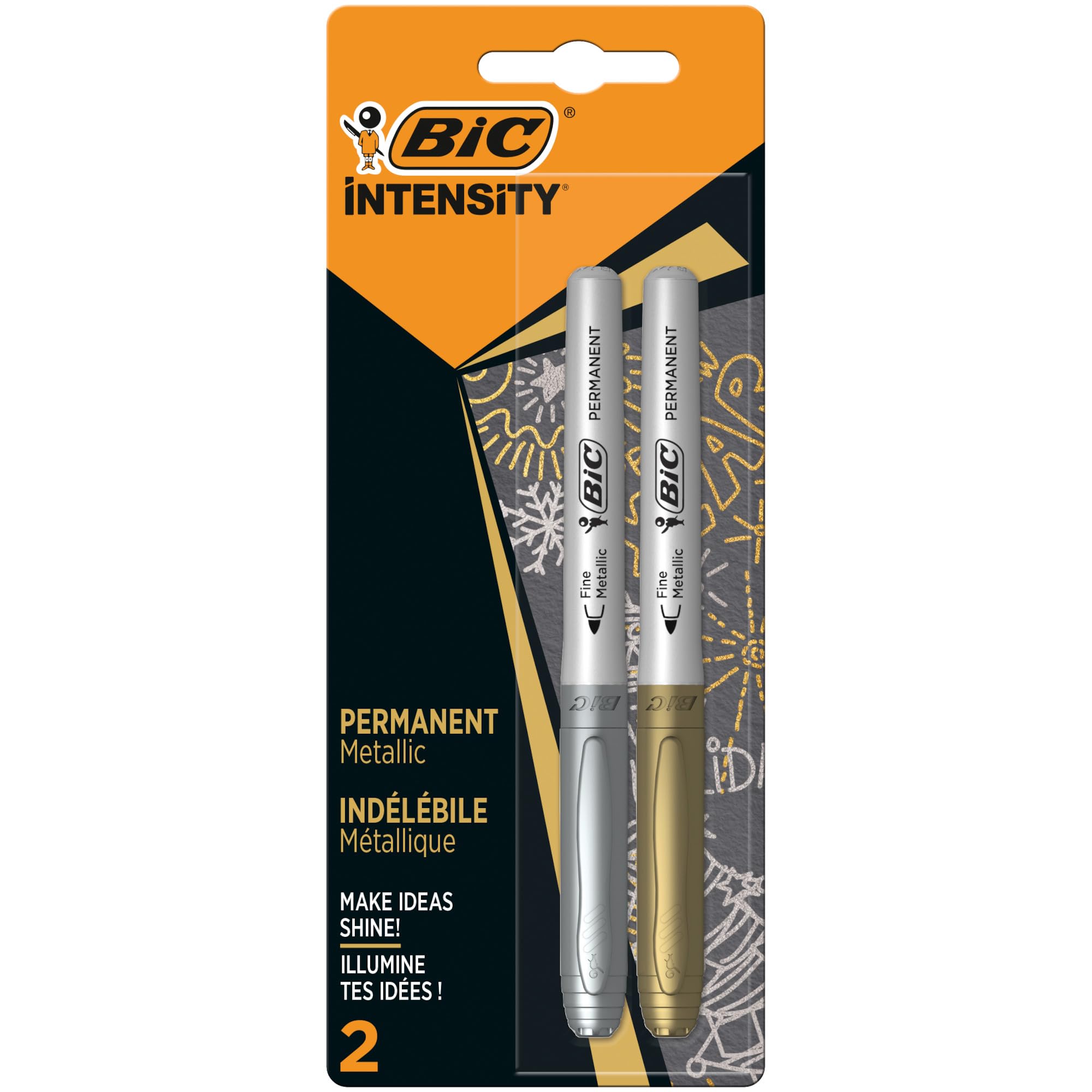 BIC Intensity Marking Metallic Colours Permanent Markers, Medium Bullet Tip Pens, Gold and Silver Colours, Pack of 2 — image 1