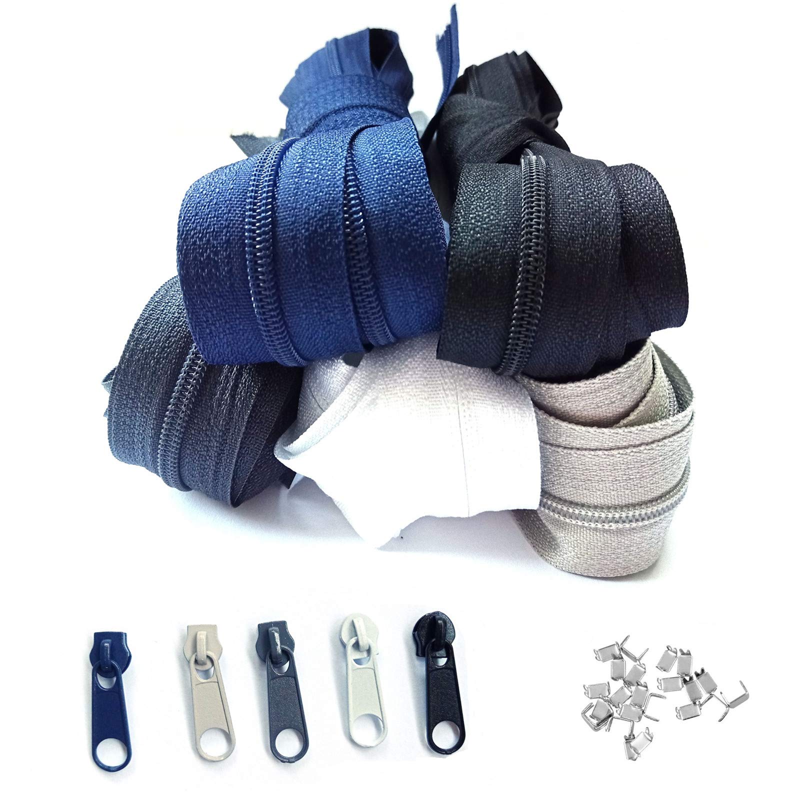 Endless Nylon Zipper 3mm 15m 5 Colors with 30 Zippers and 60 Ferrules - Spiral Zipper by The Metre Divisible 2.5cm Wide for Clothes, Bags, Pencil Cases, Bed Linen