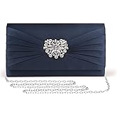 Mulian LilY M102 Evening Bags For Women Pleated Satin Rhinestone Brooch Prom Clutch Purse With Detachable Chain Strap Deep Navy Blue
