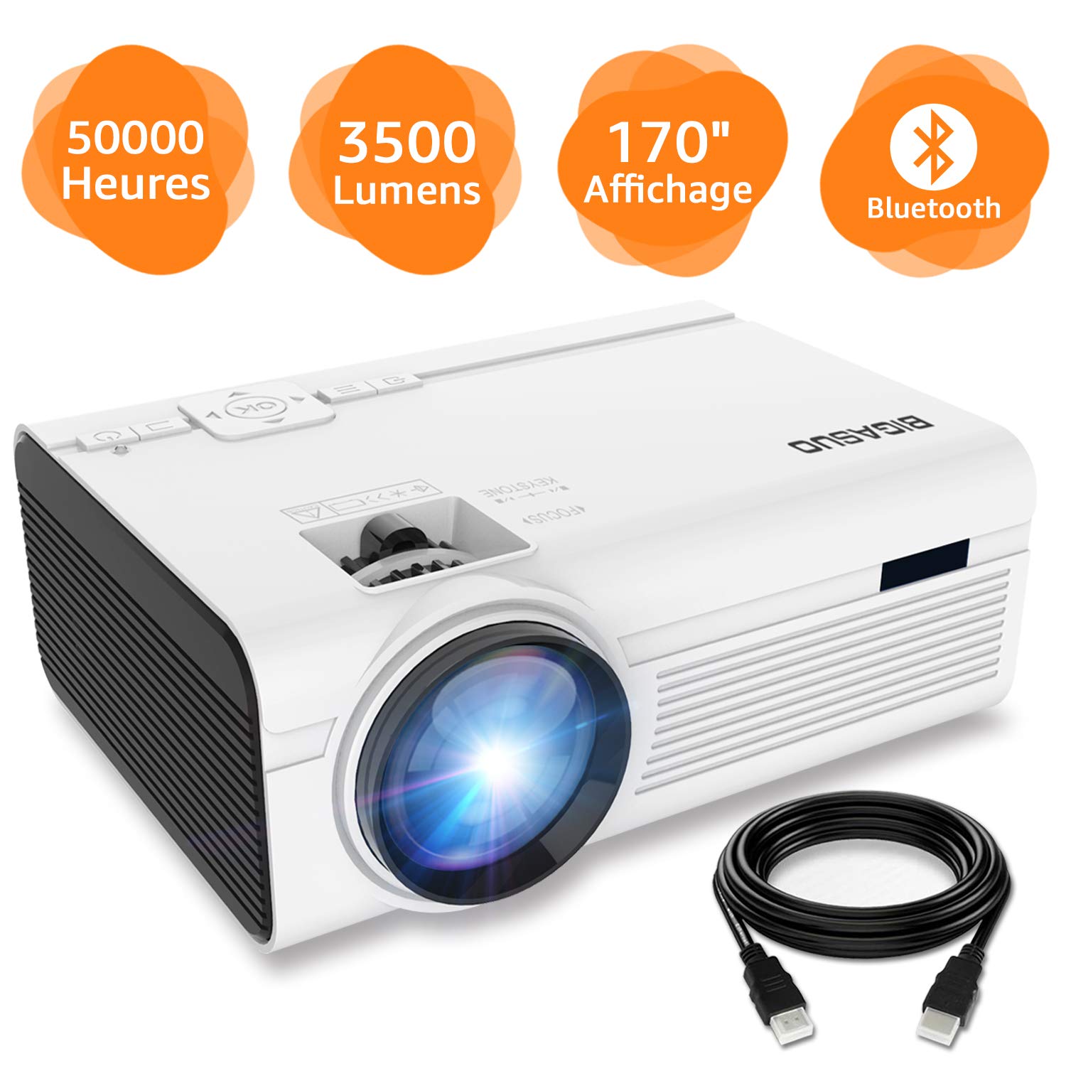 BIGASUO Vidéoprojecteur 2400 Lumens Portable LED Mini Projecteur Bluetooth, Soutien Charge Le Format Plein HD 1080P iPhone Andriod Jeu TV multimédia Home Theater Entertainment