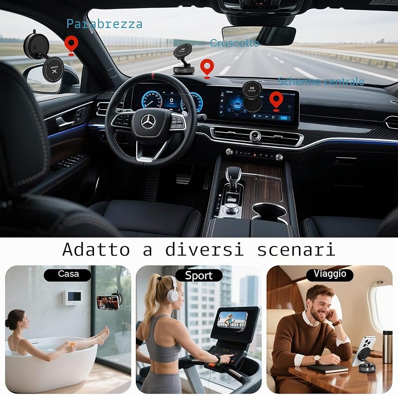Supporto da auto magnetico con ventosa per telefono cellulare Magsafe, Supporto telefono auto a ventosa ultra regolabile 360° per iPhone 17 Pro Max 16 15 14 13 12 Air Plus (Nero) — foto 2 di 8