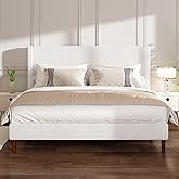King Bed Frame, Boucle Upholstered Platform Bed with Iron &amp; Wood, White | Boucle fabric &amp; Iron-Wood frame, 1000 lbs capacity, No box spring needed, Fits king mattress, Easy assembly