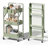 Foldable 3 Tier Rolling Cart, Metal Utility Cart with Wheels | Collapsible Rolling Storage Cart with 3 Hanging Cups, Folding Storage Trolley Organizer Cart for Home Office Kitchen(Green)