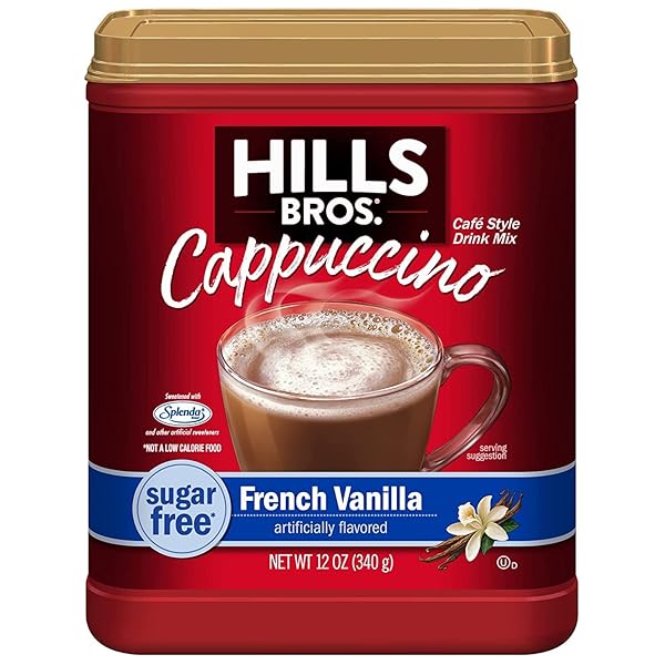 HILLS BROS. INSTANT CAPPUCCINO MIX, SUGAR FREE FRENCH VANILLA (12 OZ, PACK OF 1) – CONVENIENT AND VERSATILE, INSTANT HOT OR ICED COFFEE, FROTHY & RICH VANILLA FLAVOR – JUST ADD WATER