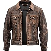 WECNOM Mens American Fashion Vintage Western Style Genuine Lambskin Leather Motorcycle Jacket Men Trucker Distressed Brown - XL