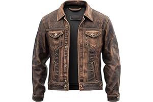 WECNOM Mens Genuine Distressed Leather Motorcycle Jackets Trucker - American Vintage Style Western Trucker Jacket Men