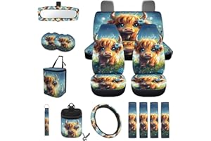 Wanyint Cute Highland Cow 15 PCS Car Seat Cover Full Set, with Steering Wheel Cover Seat Belt Covers Trash Can Air Vent Phone Holder Rear View Mirror Cover Coasters Key Chain Car Interior Accessories