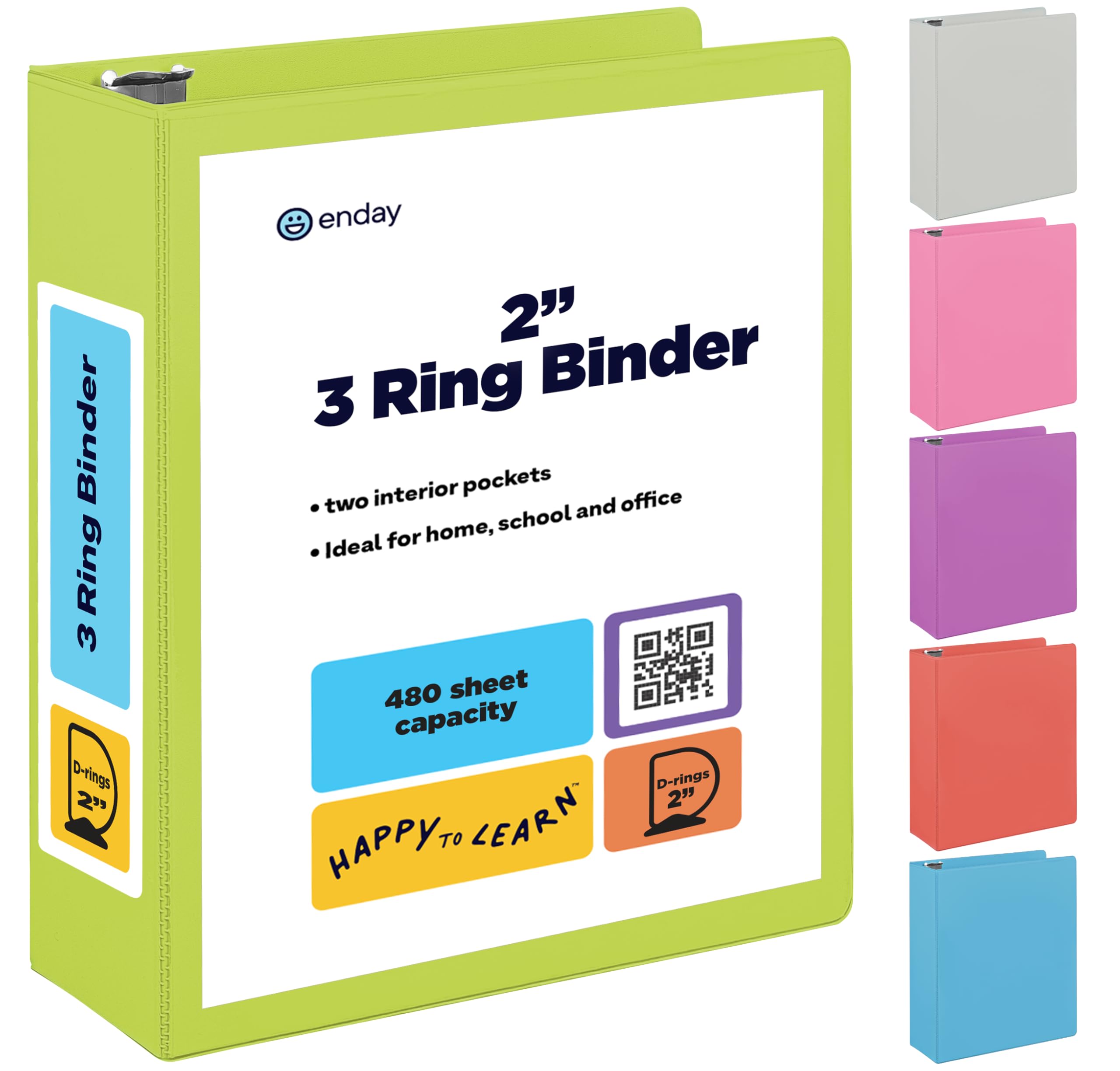 Photo 1 of 2 Inch 3 Ring Binder 2” Green, Slant D-Ring 2 in Binder Clear View Cover with 2 Inside Pockets, Heavy Duty Colored School Supplies Office and Home Binders – by Enday