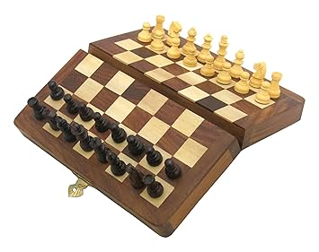 Ages Behind Wooden Folding Chess Board Small with Magnetic Pieces Travel Game (7x 7inches)