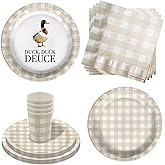 Duck Duck Deuce 2nd Birthday Party Supplies - 64 Piece Second Birthday Tableware Set Includes Large 9" Dinner Plates and 8" Dessert Paper Plates Napkins Cups - Kit for 16