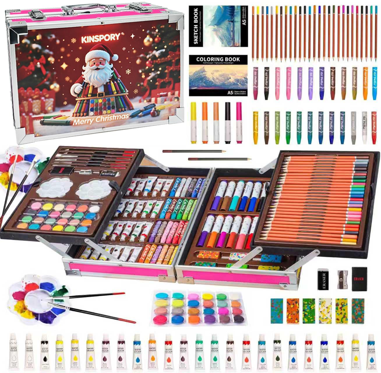 Photo 1 of KINSPORY Art Supplies, 139 Pack Painting Drawing Art Kit with 2 Sketch Pads, Deluxe Double Layers Art Set Crafts, Colored Pencils, Oil Pastels, Watercolor Paints, Colored Markers for Kids (Red)