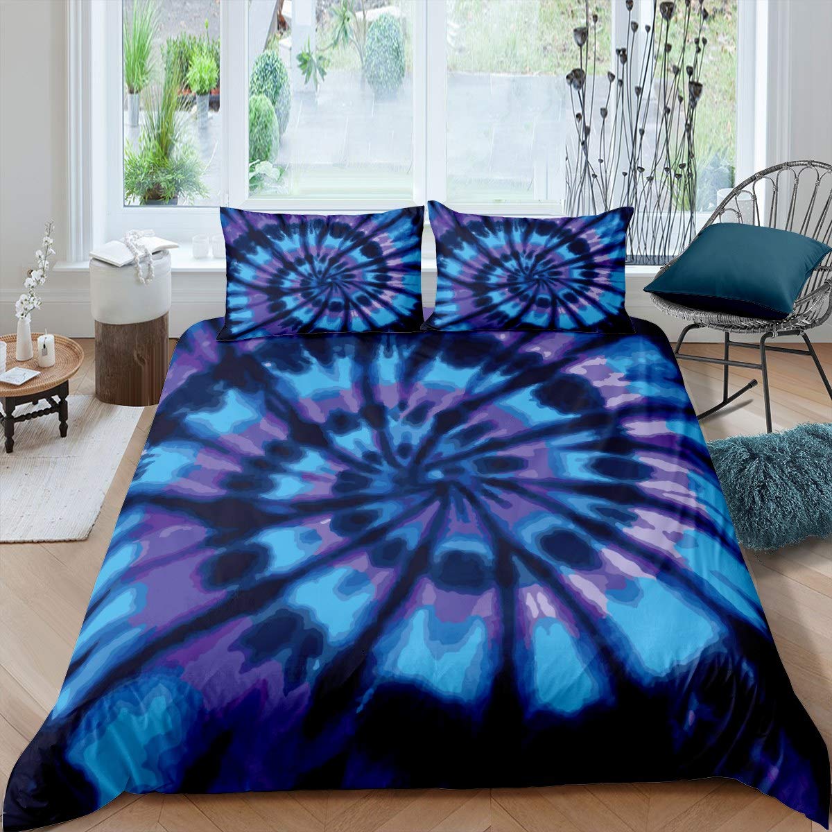 Boho Psychedelic Comforter Cover Set Blue Tie Dye Duvet Cover for Kids Boys Girls Bohemian Gypsy Bedding Set Hippie Spiral Swirl Quilt Cover,Room Decor 2Pcs Bedding Single Size