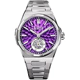 BONEST GATTI Luxury Men's Tourbillon Automatic Skeleton Mechanical Watches | 46Mm 316L Stainless Steel Case Purple Hammered Dial Sapphire Crystal 50M Waterproof Quick-Release Bracelet Luminous Hands