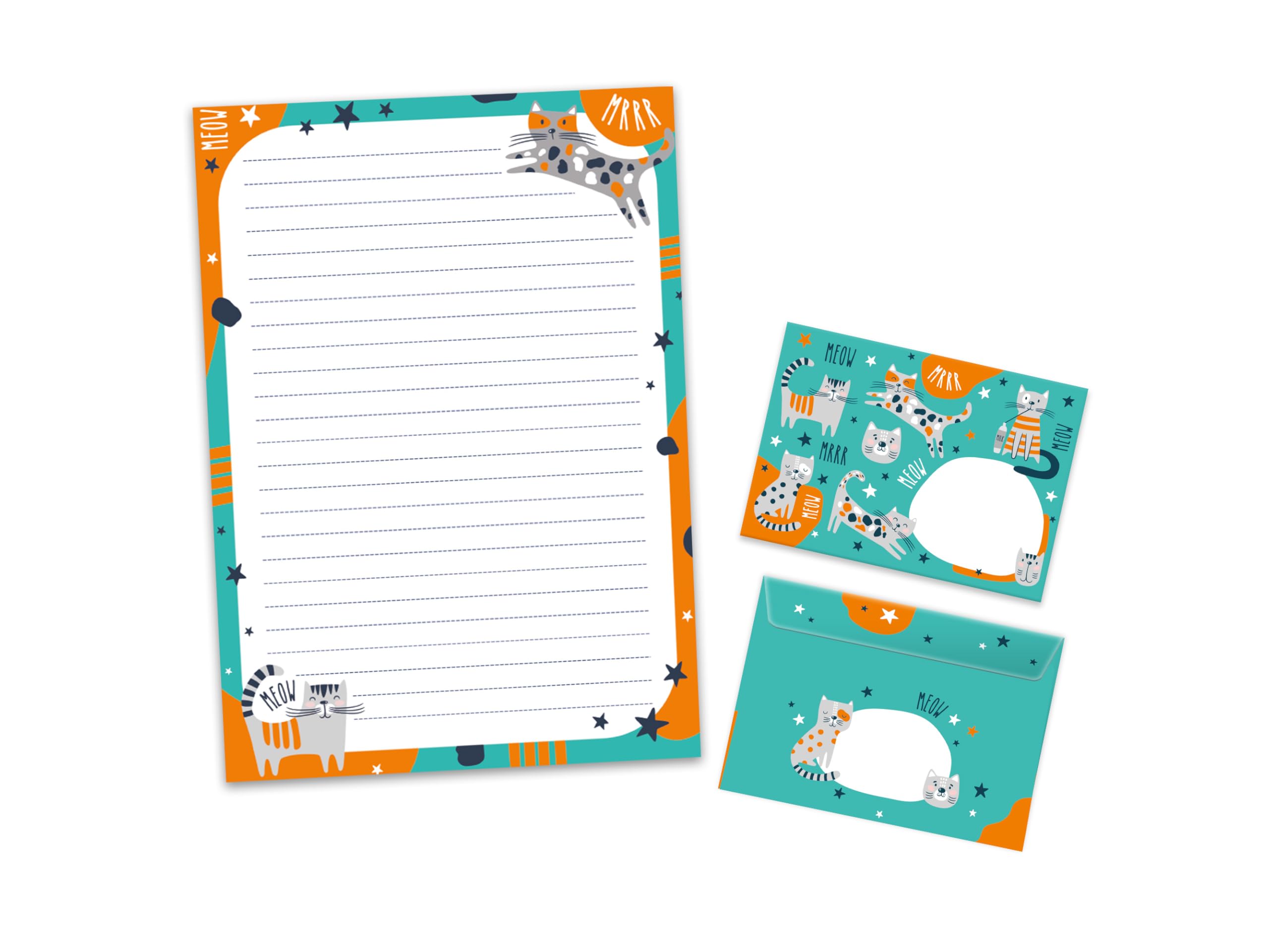 Writing Paper Set Letter Pad with Envelope for Boys Girls Children Cats Grey Colourful (A4 Pad with 25 Sheets + 15 Envelopes)