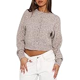 RUEWEY Women Y2k Crew Neck Button Down Long Sleeve Cropped Cardigan Knitted Sweater Light Jacket