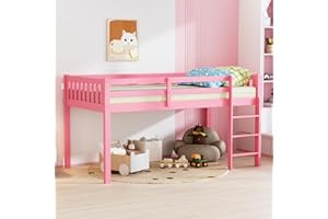JOYMOR Low Loft Bed Twin Size with Stairs, Wooden Loft Bed for Kids, Junior，Young Teens，Pine Wood Twin Bed Frame, Space-Saving Design, No Box Spring Needed, Pink