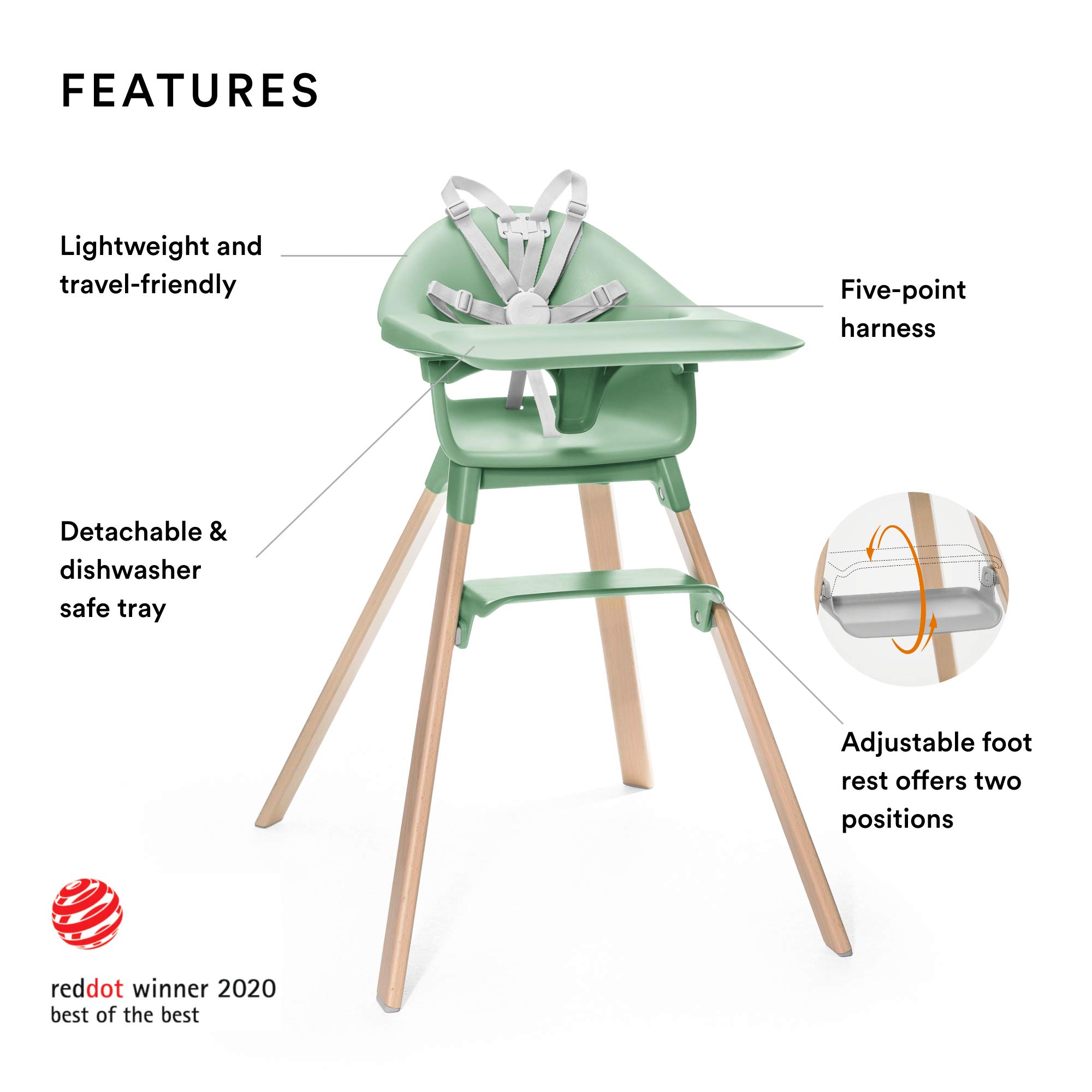 Stokke Clikk High Chair, Clover Green - All-in-One High Chair with Tray + Harness - Light, Durable & Travel Friendly - Ergonomic with Adjustable Features - Best for 6-36 Months or Up to 33 lbs