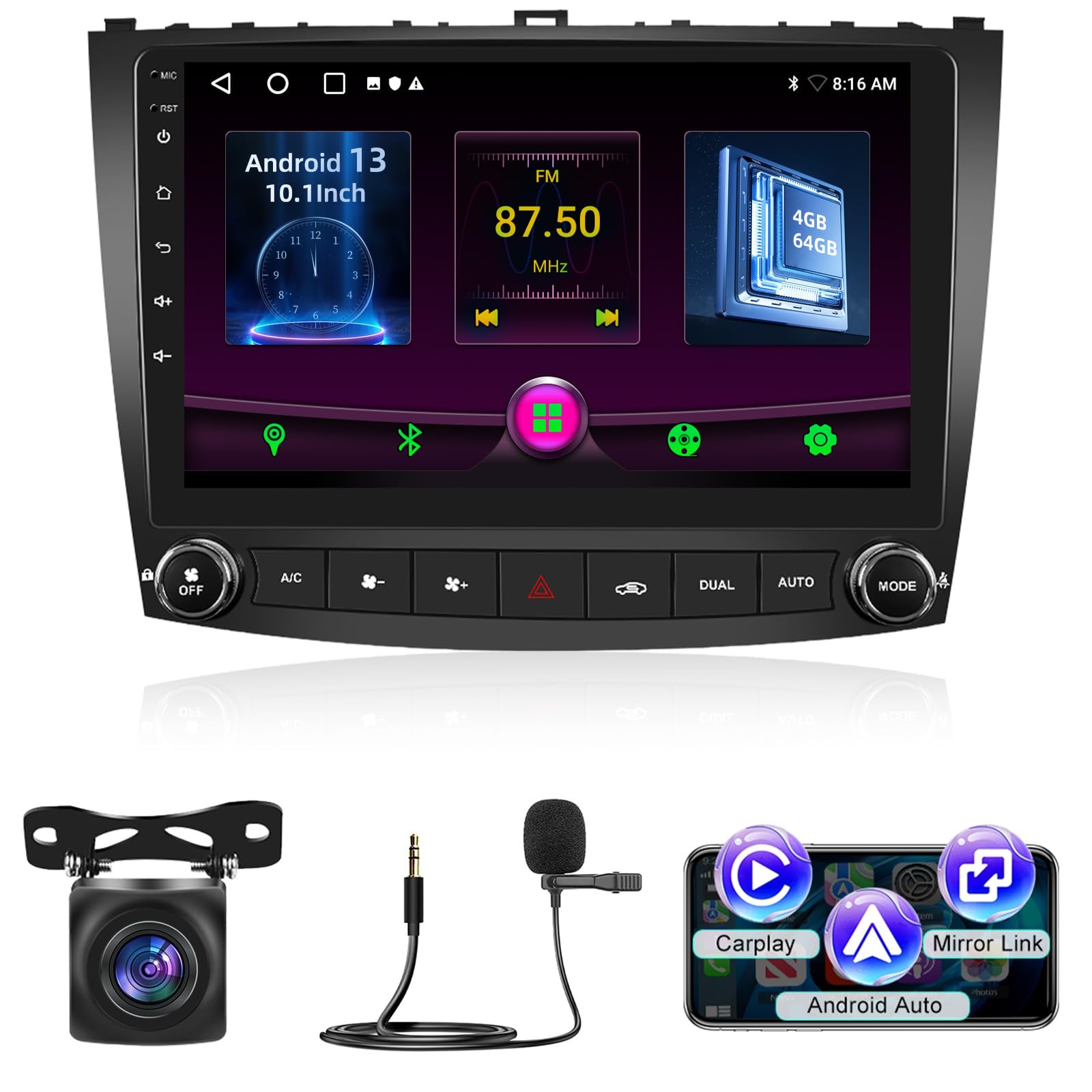 Photo 1 of [8-Core 4+64G] Upgrade Android Radio for Lexus IS250 IS300 IS350 IS220 2006-2012 - 10.1 inch IPS Touchscreen with 4G Module - Wireless Carplay & Android Auto,4G,WiFi,FM/AM/RDS Radio + Rearview Camera