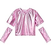 Perfashion Girls Metallic Shirts with Arm Sleeves, Shiny Crop Top for Dancing, Raves, Festivals, Costumes 4-15 Years